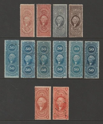 12 Different Better Quality First Issue Revenue Stamps, Used, 25¢ to $1 Values - Image 1 of 2