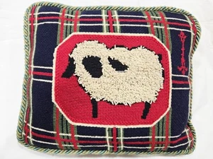 Vintage Wool Needlepoint Sheep Throw Pillow 12"x14” Tartan Cottage Core - Picture 1 of 7