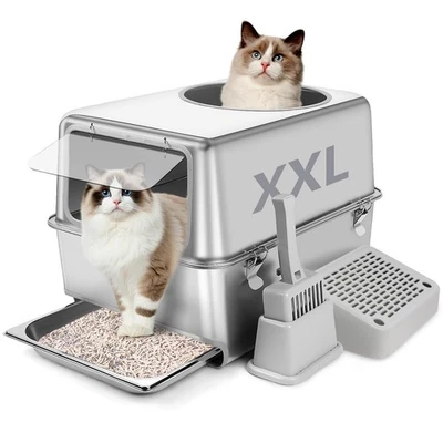 BARTUKE Stainless Steel Litter Box with Pull-Out Drawer, 23.6"L x 15.8"W x 15.8"H Enc...