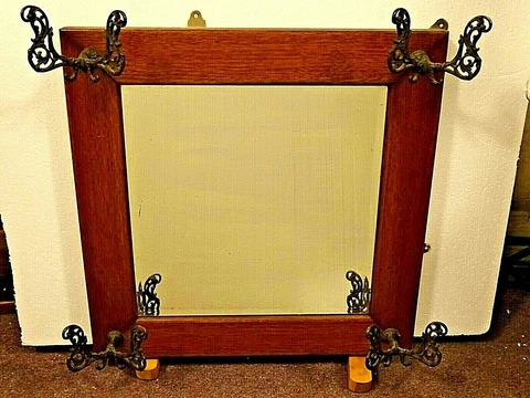 Victorian Antique Beveled glass Oak wall Hall tree Mirror coat rack Cover