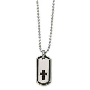 Stainless Steel Polished Black IP plated Cross Dog tag 22in Necklace - Picture 1 of 2