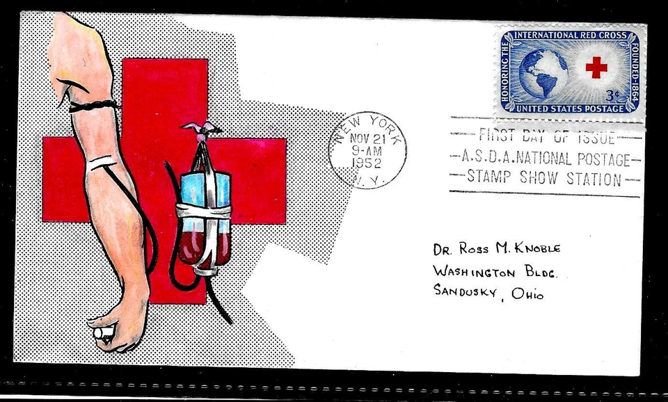 1016 3c Stamp (1952) THE INTERNATIONAL RED CROSS FDC HD/HP FROM PAULA BOGERT !!! - Image 1 of 1