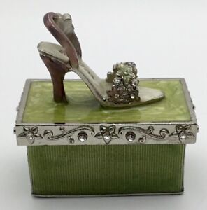 Vintage High Heel Trinket Box Rhinestone Sandal Shoe Enamel Green Bling Flower