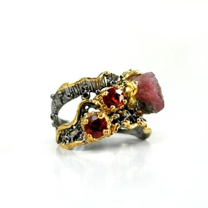 Ring 925 Silber Turmalin Granat Steampunk Zauberwald - Bild 1 von 3
