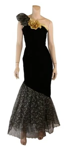 Unbranded Vintage 80s  Black Velvet Gold Lace Mermaid Prom Party Dress 7/8 - Picture 1 of 3