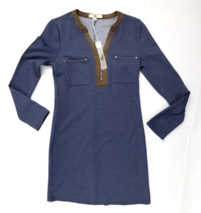 Ya Los Angeles Women's Medium (M) Blue w/ Brown Trim Long Sleeve V-Neck Dress - Picture 1 of 14