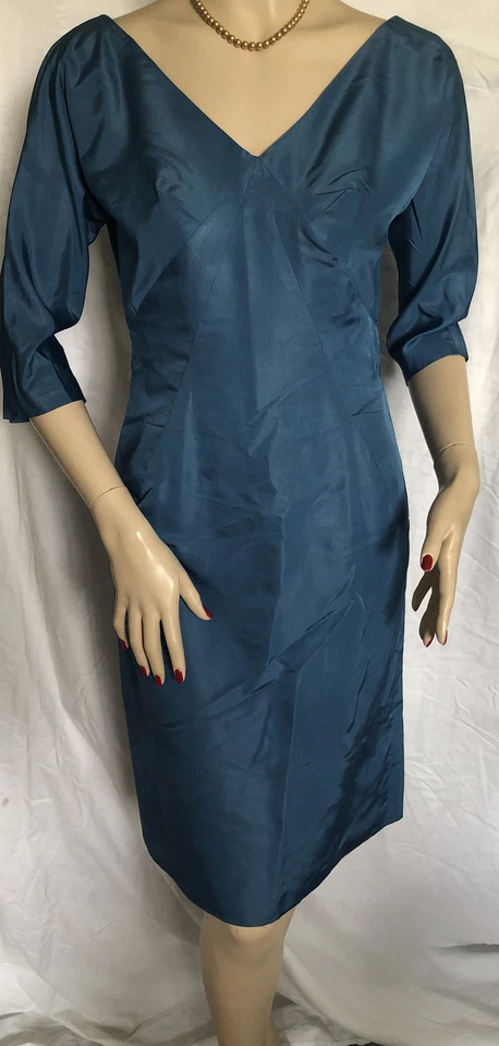 VTg 1950’s LEE CLAIRE New York Blue Satin Wiggle Rockabilly Cocktail Dress 8-10 - Image 1 of 4