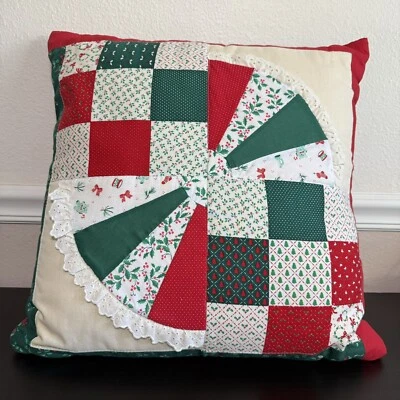 Vintage Hand Made Christmas Patchwork Throw Pillow 20” Holly Trees Lace Red - Image 1 of 4