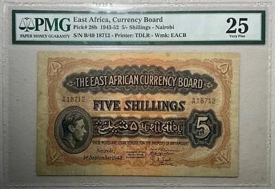1943-52 East Africa 5/ Shilling Nairobi Pick 28b PMG Very Fine 25 Minor Rust - Image 1 of 2