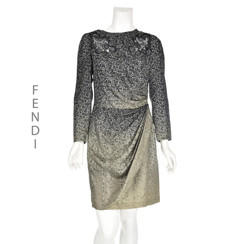 Mini abito da cocktail FENDI nero grigio taupe uomo seta floreale avvolgente parziale taglia 4