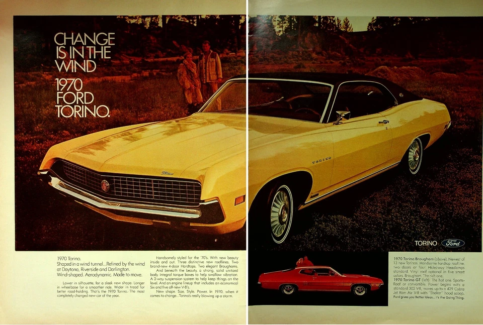 1970 Ford Torino Brougham & GT - 2 Page Vintage Print Ad - Muscle Car - Wall Art - Image 1 of 1