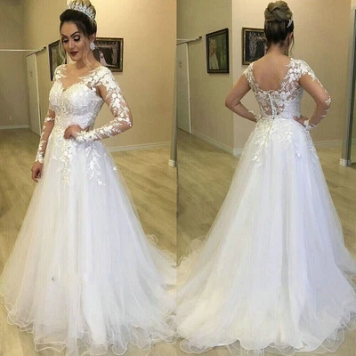Vestidos de novia manga larga línea A apliques de encaje tul vestidos de novia flores nuevos Foto 1 de 4