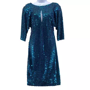 Climax David Howard Sequin Dress Size 9/10 Turquoise Blue Vintage Bodycon Plunge - Picture 1 of 11