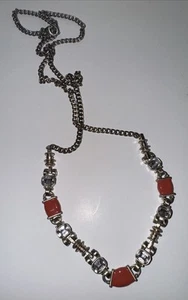 Orange Enameled Bars Crystal Squares Long Chain 24” Necklace lobster - Picture 1 of 2