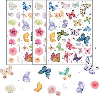 4 Bögen Blumen Schmetterling Sticker 126 Stück Frühling Scrapbook Deko - Bild 1 von 4