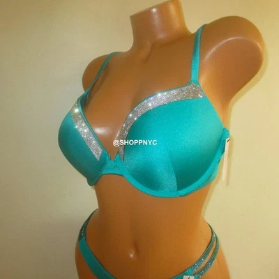 VICTORIA SECRET SWIM 36B CORREA BRILLANTE PUSH-UP BIKINI TOP Bling pedrería verde azulado Foto 1 de 4