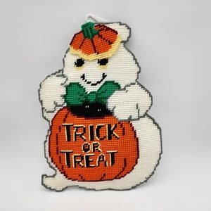 Vintage Needlepoint Halloween Trick OR Treat Wall Hanger Sign Ghost Pumpkin - Picture 1 of 2