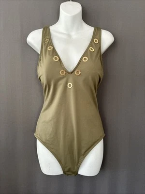 Maiô Michael Kors peça única tamanho 14 verde oliva gola V dourado detalhe ilhó - Imagem 1 de 4