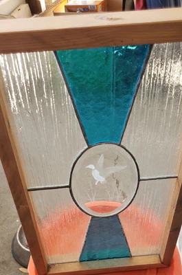 Vtg Stained Glass Window Panel Sun Catcher 10.5x17 inch FLYING DUCK W WOOD FRAME - Image 1 of 3