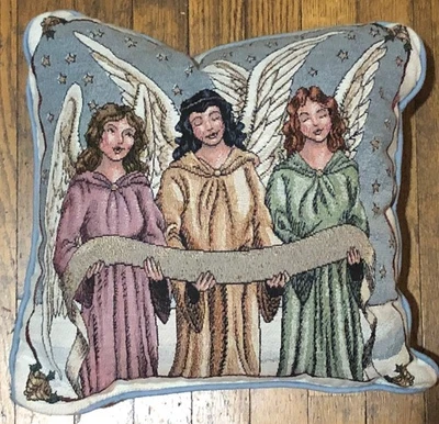 Vtg 13x14 Square Tapestry Throw Pillow Decorative Angels Plush Light Blue Xmas - Image 1 of 4