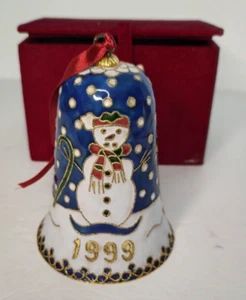 1999  Golden Cloisonne Enamel Christmas Snowman 4.5" Ornament in velvet box - Picture 1 of 10
