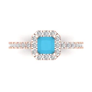 0.89Ct Princess Cut Simulated Turquoise Halo Engagement Ring, 14K Rose Gold - Picture 1 of 11