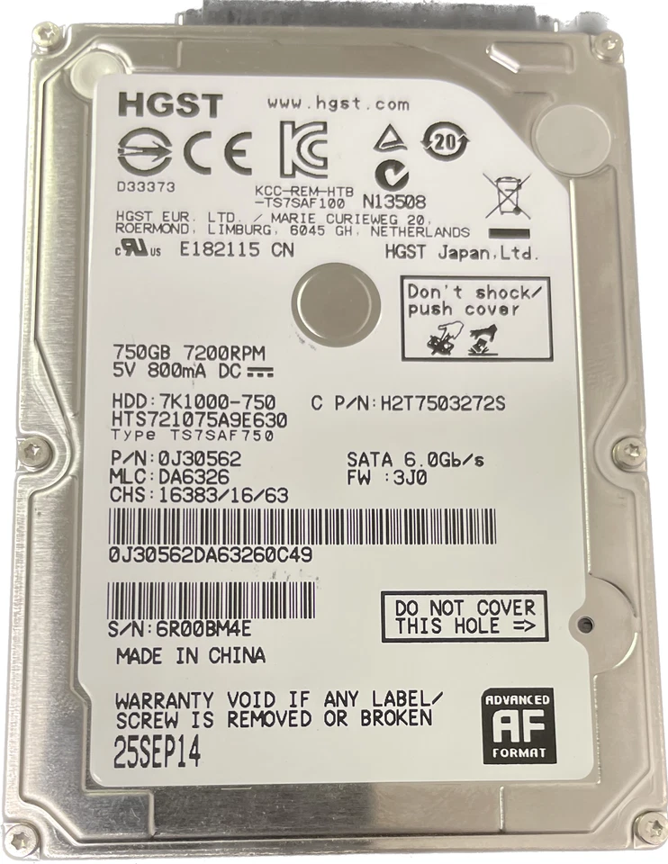 HGST HTS721075A9E630 HDD 750GB 2.5" 7200RPM SATA 7K1000-750 - Image 1 of 1