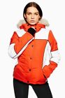 Topshop Women Sno Ski Jacket Coat Orange Red & White Faux Fur Hood Size 4 XS