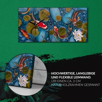 Leinwand Wanduhr Wandkunst Uhr 60x30 Malerei Fische Koi Blumen Natur Kunst - Bild 1 von 4