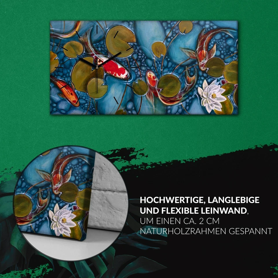 Leinwand Wanduhr Wandkunst Uhr 60x30 Malerei Fische Koi Blumen Natur Kunst - Bild 1 von 4