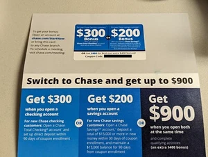 Chase Bank $900 Account Opening Bonus Coupon Code Promo. Expires 1-22-2025 - Picture 1 of 2