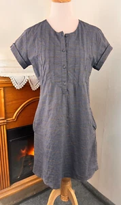 Bridge & Burn Blue Gold Pintuck Dress Covered Button Short Sleeve Sustainable~ S - Picture 1 of 9