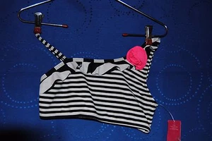 XHILARATION Black White Striped Swimsuit Top w Pink Flower Size L NWOT - Picture 1 of 4