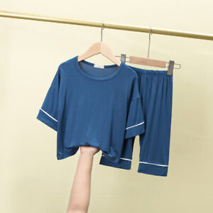 2X Kids Unisex Outfit Sleepwear Set Top Cropped Pants Short Sleeve Thin Summer