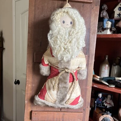 Primitive Handmade 20” Santa Clause Old Quilt, Wool Beard - Image 1 of 4