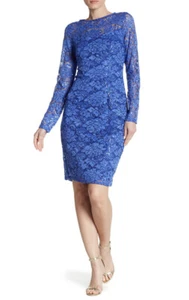Marina Womens Long Sleeve Sequin Shimmer Lace Cocktail Dress Peri Blue 8 - Picture 1 of 2