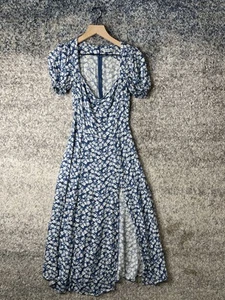 Reformation Dress Womens 2 Blue White Floral Puff Sleeve Midi Maxi Slit Summer - Picture 1 of 10