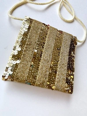 Vintage JESSICA MCCLINTOCK Purse Gold Sequin Beaded Satin Evening Bag Small - Image 1 of 4