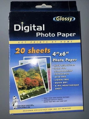 Digital Photo Paper, Glossy 4" x 6" Photo Paper For Ink Jet Printers  20 Sheets - Image 1 of 2