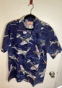 RJC Fighter Plane Mustang Thunderbolt Graphic Hawaiian Shirt Mens XL - made USA - Picture 1 of 8