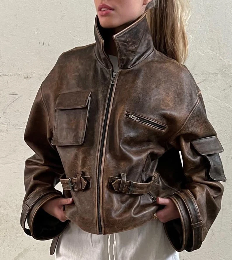 女式复古棕色仿旧皮革夹克-短轰炸机风格外套 — 第 1/4 张图片