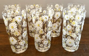 VINTAGE CULVER DAISY MCM SET 7 EMAILLIERTE DAISY LONGRINKGLÄSER BARWARE 6 1/4" H - Bild 1 von 4