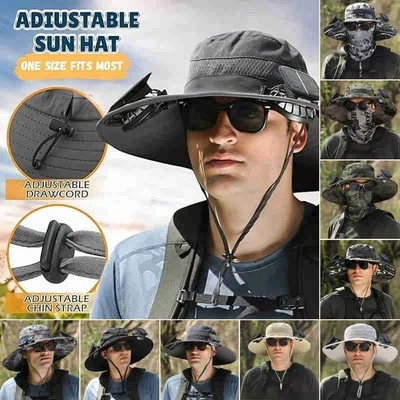 USB Solar Powered Dual Fans Sunscreen Bucket Cap Outdoor Fishing Wide Brim Hats - Image 1 of 4