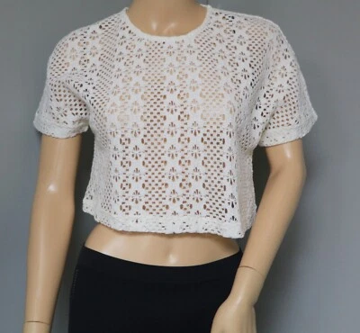MINKPINK CREAM COLOR CROCHET TEE SHORT SLEEVE LACE CROP TOP - Image 1 of 4