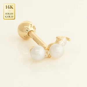 Orecchino perla oro massiccio 14K VERO con Zirconia Borchie Elica Piercing 18 Calibro - Foto 1 di 5