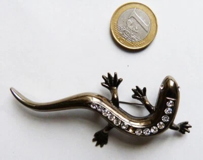 Lézard Salamandre Broche en métal + strass bijou ancien vers 1960 - Photo 1/4
