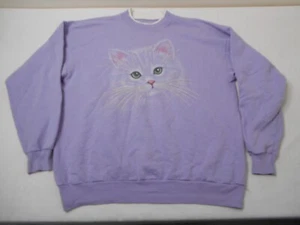 Vintage 90s Cat Face Graphic Sweatshirt Crewneck Grandma Purple XL Cute - Picture 1 of 9