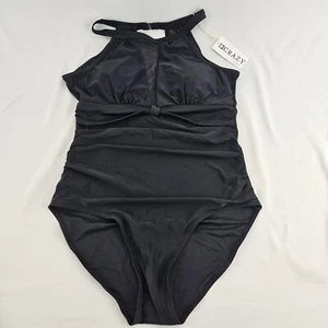 Sz L Womens One Piece Swimsuits Mesh V Neck Monokini Bathing Suit Black - Picture 1 of 8