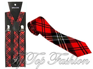 Nuevo Tartan Braces Plus Corbata Roja Escocés Elegante Vestido Años 70 Punk Nerd - Imagen 1 de 1
