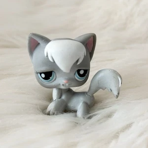 Gato angora pelo largo acentuado gris y blanco Littlest Pet Shop #345 ojos azules  - Imagen 1 de 5